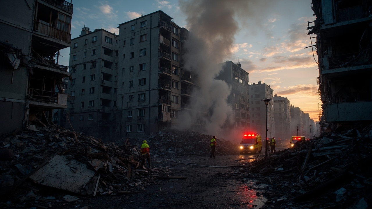 Damaged residential building in Kyiv at dawn with emergency workers moving through debris