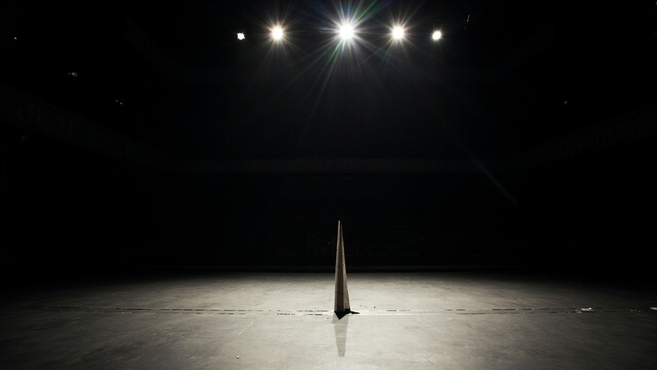 Empty Großes Festspielhaus stage in Salzburg with house lights up and a single spike marking center stage