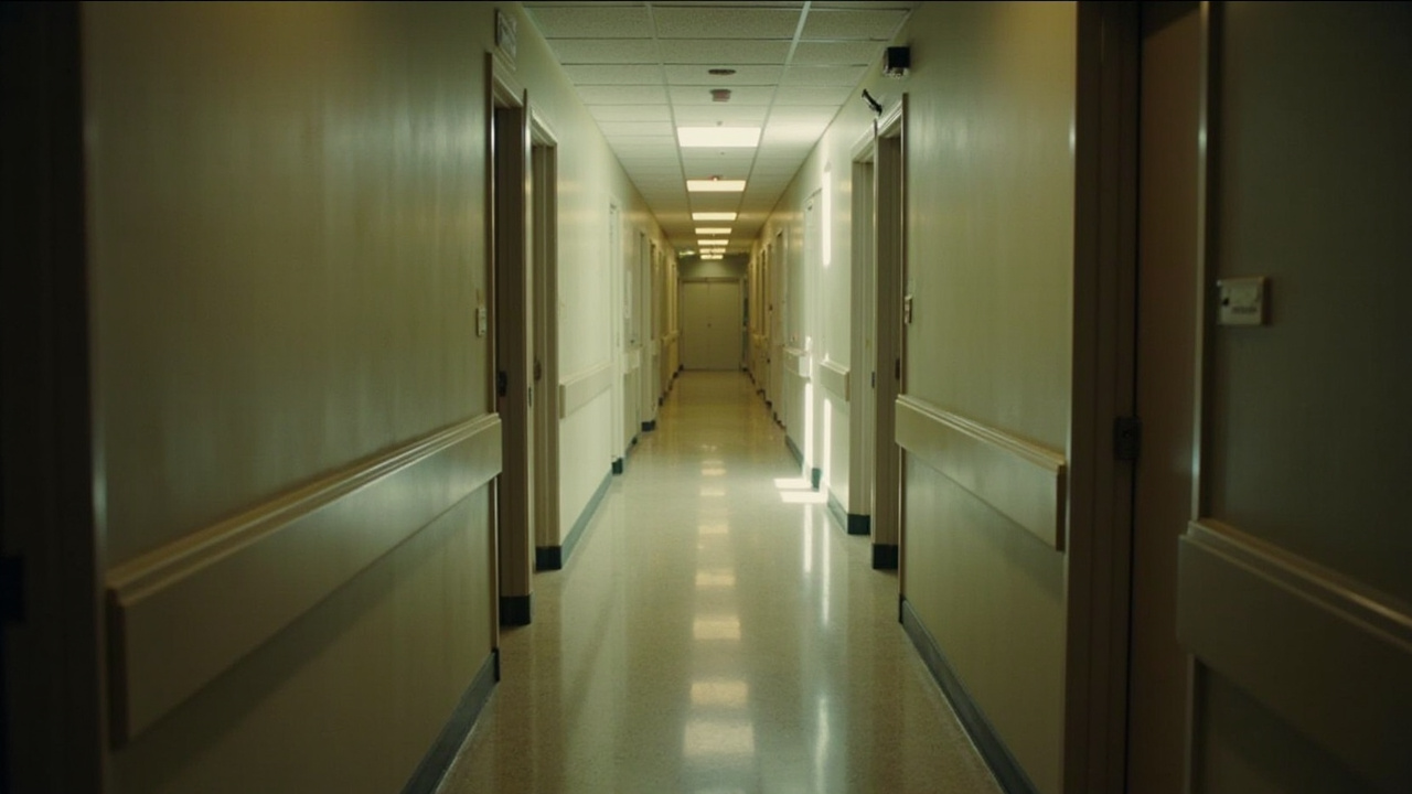 Empty corridor of a federal office building with name plates removed from office doors and institutional lighting