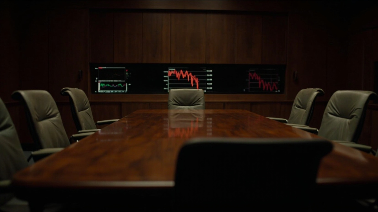 Six empty executive chairs arranged around a polished boardroom table, Bloomberg terminals glowing red in the background