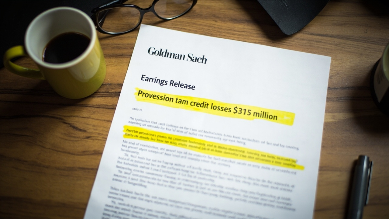 A printed Goldman Sachs earnings release with the credit-loss provision line highlighted in yellow marker