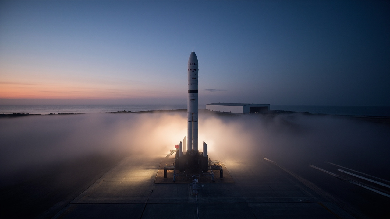 A Falcon 9 rocket vertical on a launch pad at pre-dawn, fog rolling across the concrete