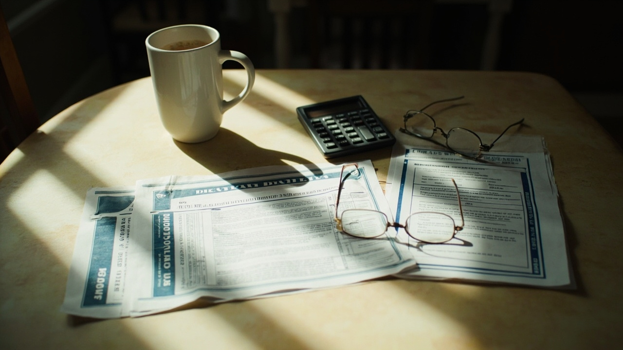 A kitchen table with a Social Security statement and a Medicare notice, a calculator and a coffee mug