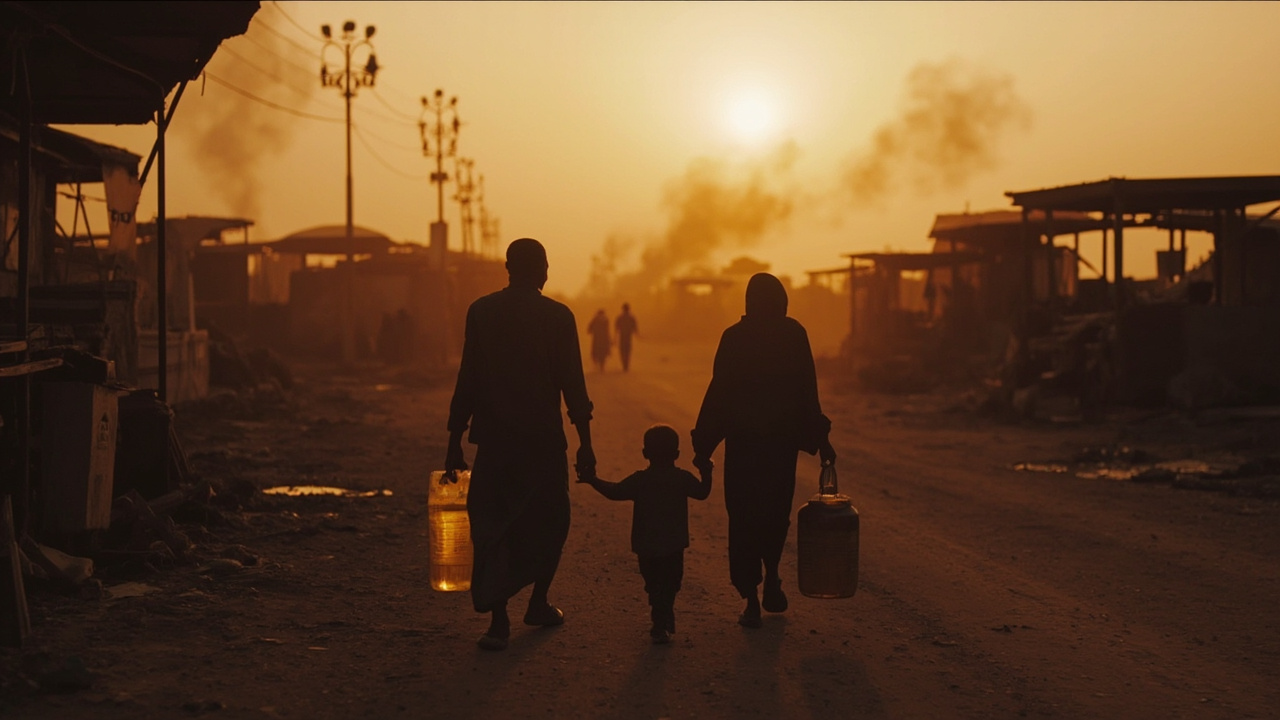A Sudanese family walks past burned market stalls at dusk in Khartoum, carrying water containers
