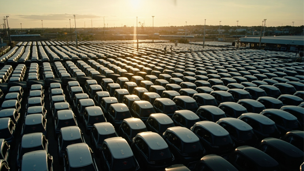 Aerial view of a port-side storage lot packed with rows of white and gray Tesla Model Ys in late afternoon light