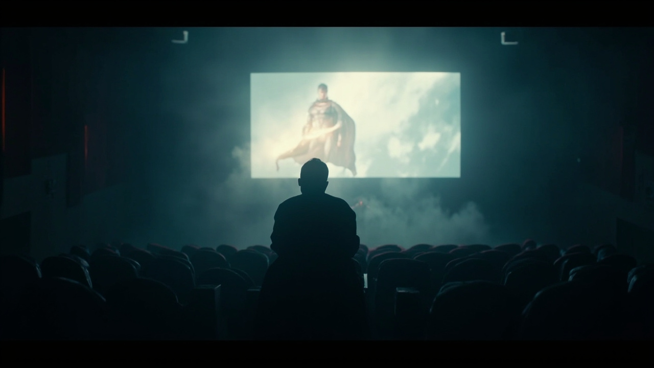 A nearly empty cinema screening room mid-finale, the Homelander cape image bright on screen, a single audience silhouette in profile