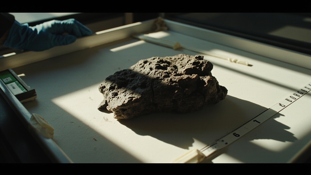 The crushed Triassic fossil specimen on a museum prep tray under raking light with a scale bar visible and a technician's gloved hand at frame edge