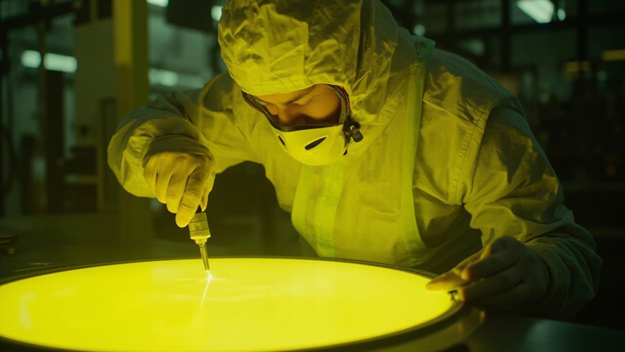 Semiconductor cleanroom technician inspecting a 300 millimeter wafer under yellow lithography lighting