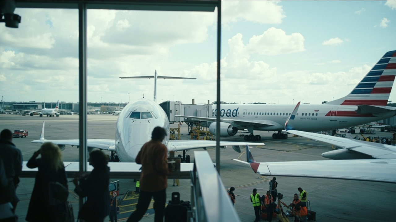 A United 787 and an American 777 parked at adjacent jet bridges at a U.S. hub airport, jet bridges retracted, ground crew small in the frame