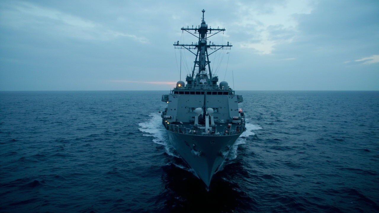 US Navy destroyer underway in open ocean at dusk with forward gun mount visible