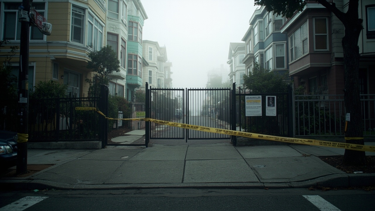 San Francisco residential block with a fortified gate, yellow police tape at the sidewalk, early morning quiet
