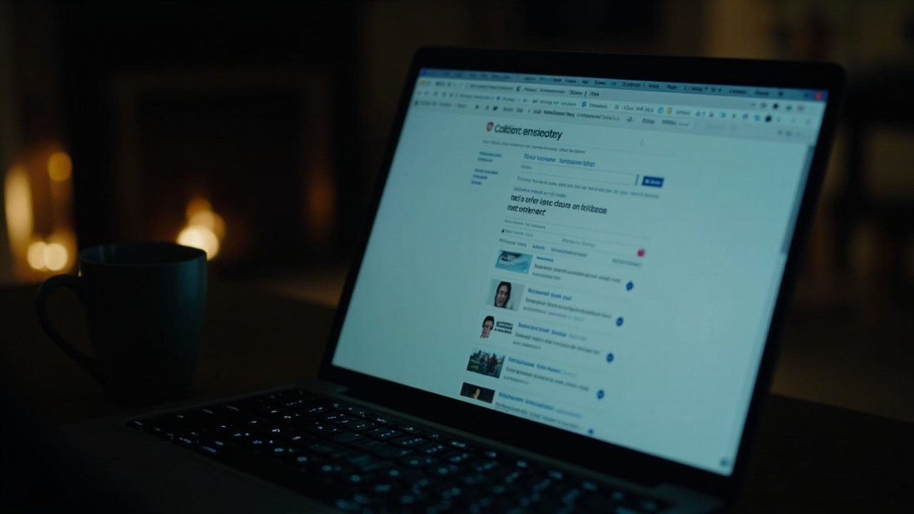 Laptop screen showing a Reddit thread at night, user avatars and downvote arrows visible, coffee mug to the side