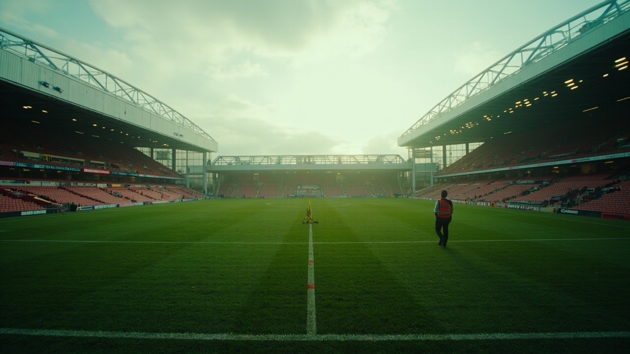 Empty Emirates Stadium pitch in early spring light with groundskeepers marking lines