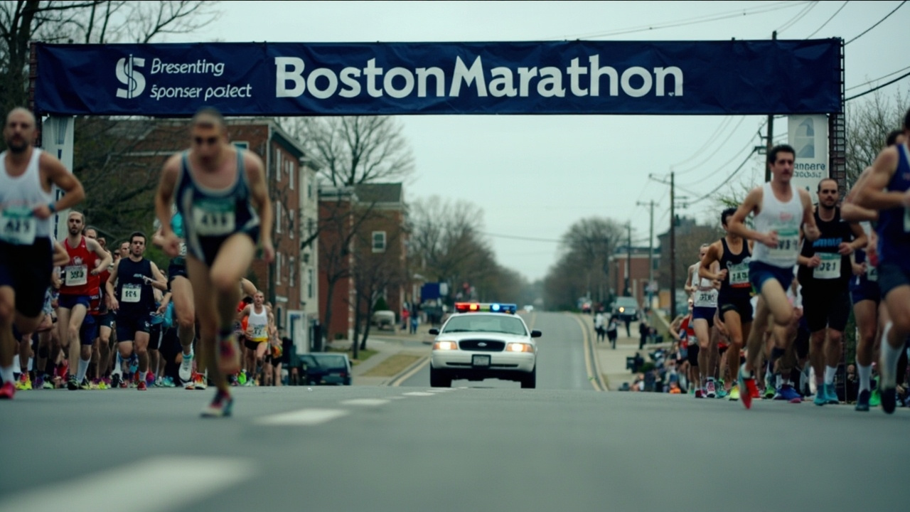 A Boston Marathon starting banner showing the Bank of America presenting-sponsor logo, with a line of runners warming up beneath.