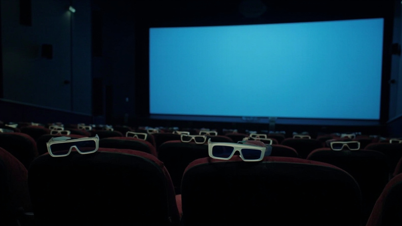 Stage lighting and cinema seats with 3D glasses on empty armrests at a convention