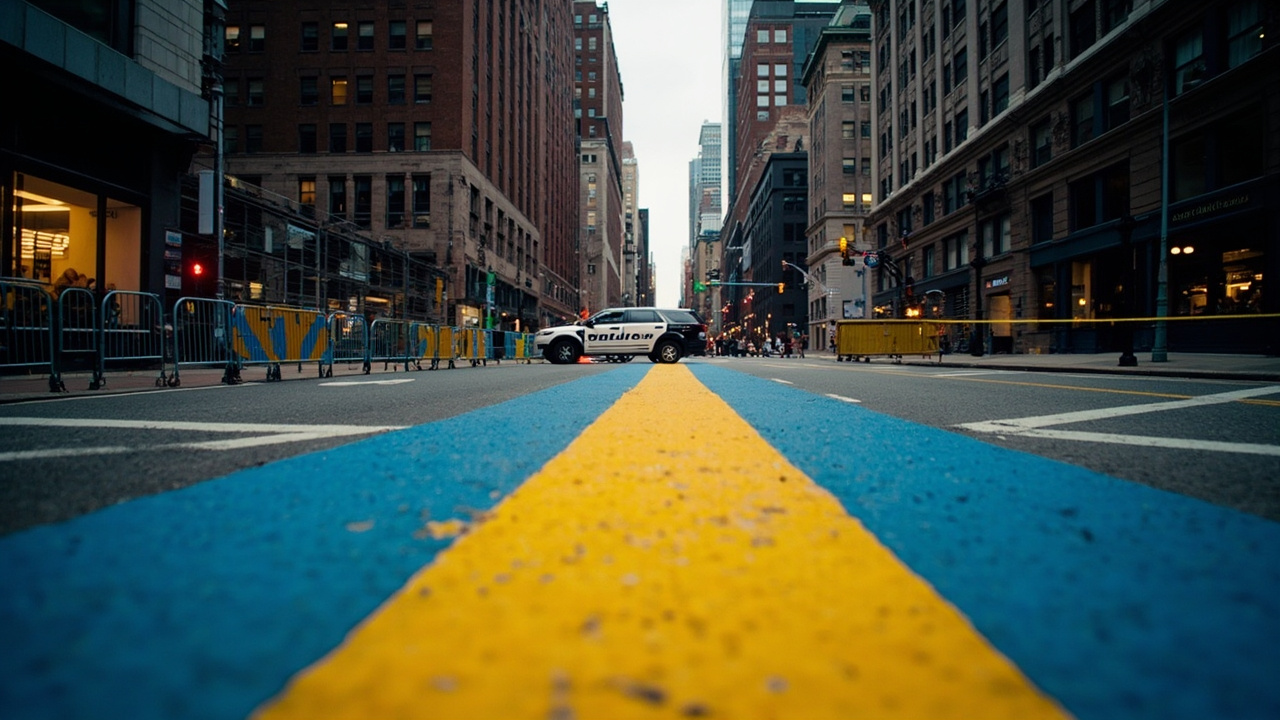 Wooden Boston Marathon finish line on an empty Boylston Street under gray morning light