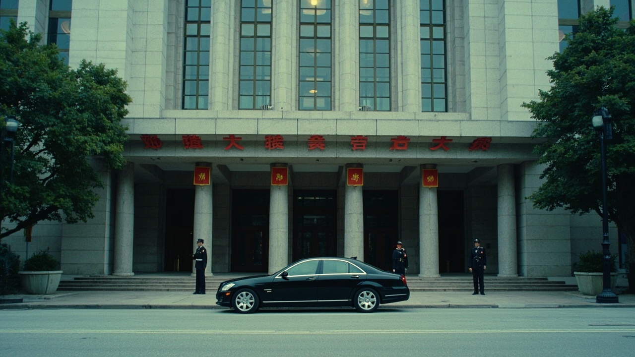 The exterior of China's Ministry of Foreign Affairs on a flat grey afternoon, two guards at the entrance, a single black sedan at the curb