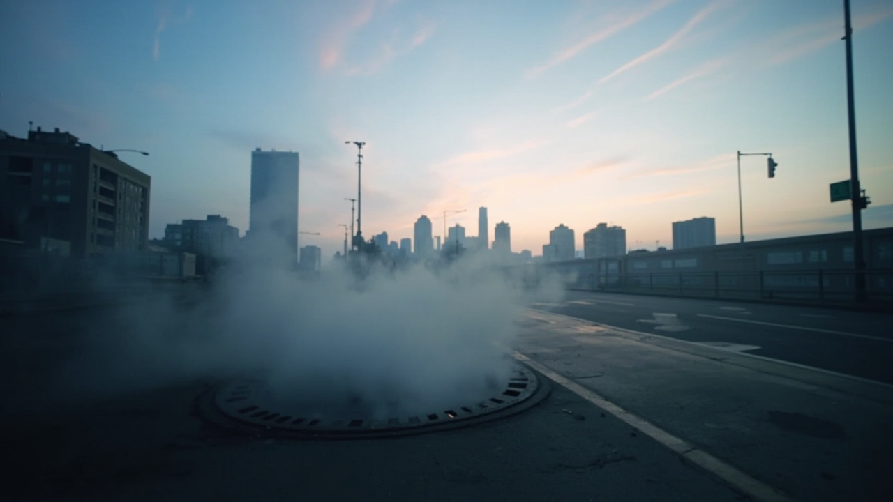 Urban skyline at dawn with faint steam rising from a manhole in the foreground, soft pink-blue sky, empty street
