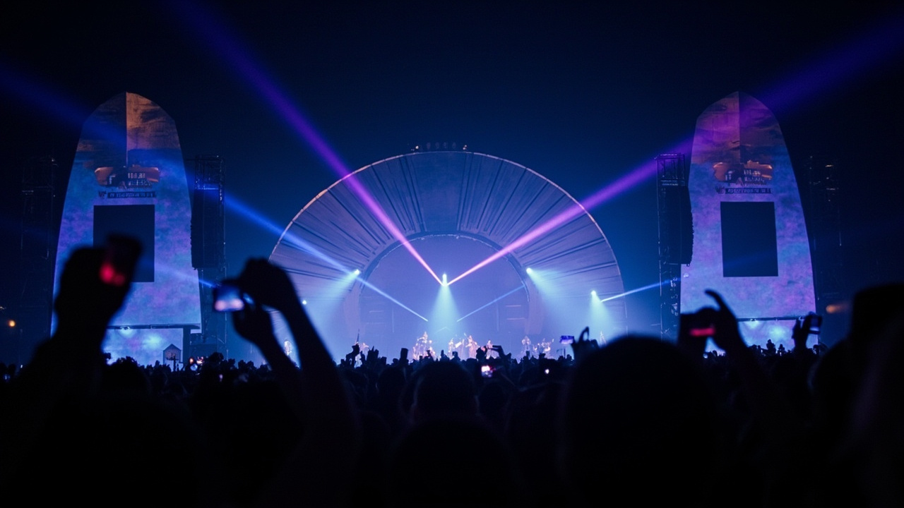A vast main-stage audience at Coachella under dark sky with blue and violet laser light, a massive geometric installation behind the DJ booth.