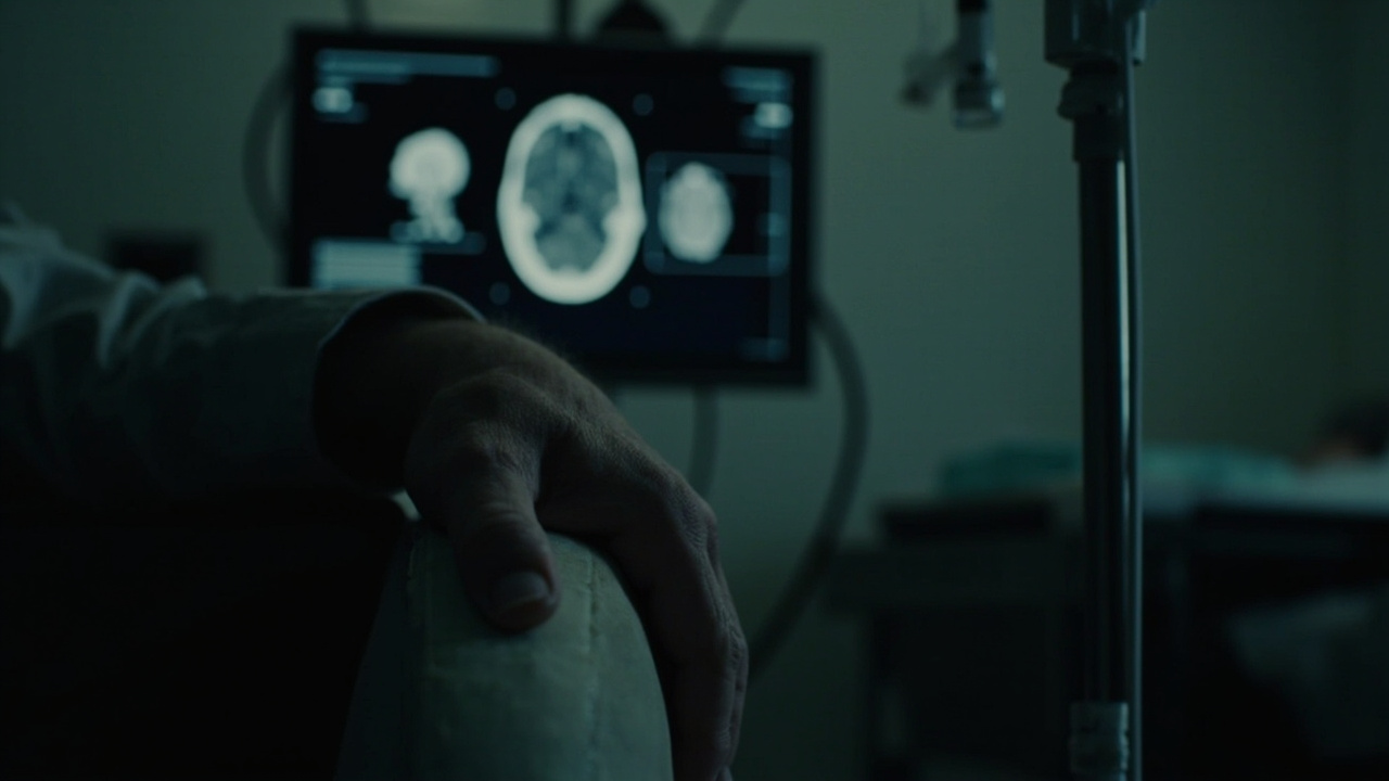 An elderly patient's hand resting on the rail of an infusion chair beside a slow IV drip, soft clinical light, a PET scan glowing faintly on a wall monitor.