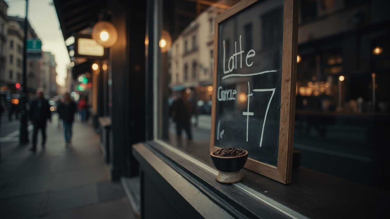 Chalkboard menu outside an independent cafe listing latte at seven dollars with coffee beans on a counter