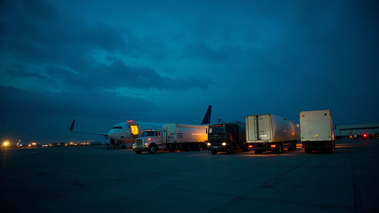 A line of Delta Airlines fuel trucks on a tarmac at dusk, a parked widebody aircraft behind them, runway lights glowing in the distance.