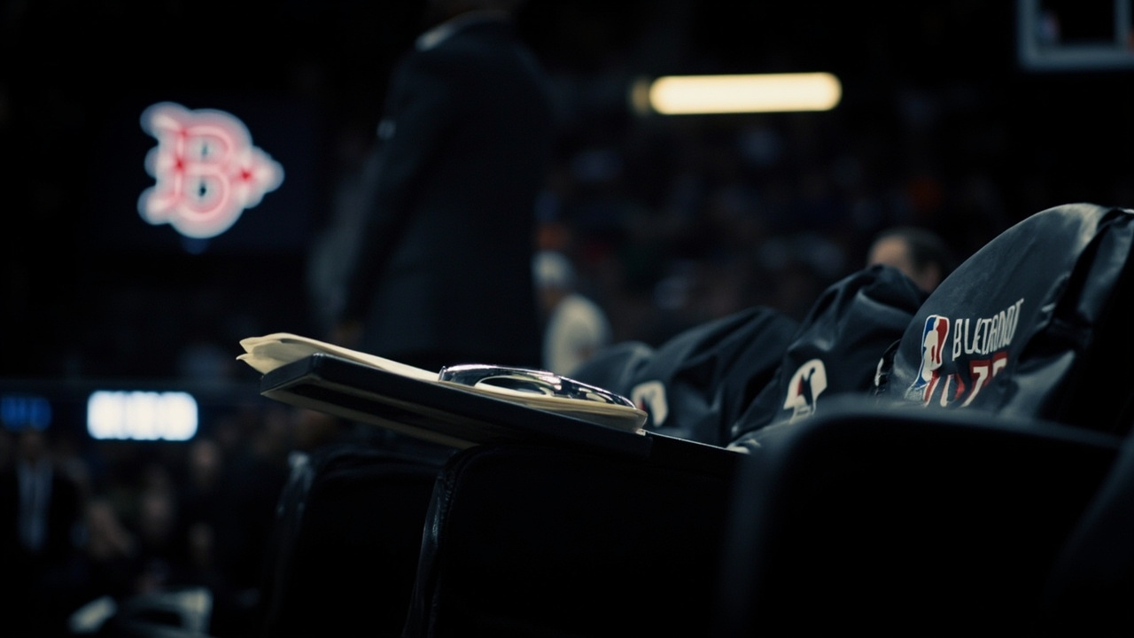An empty NBA head-coach chair courtside at an arena, clipboard on the seat, team logo faintly visible in the background