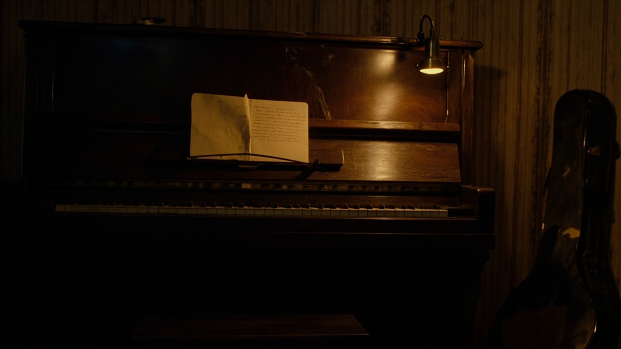 A worn upright piano in a small home music room at dusk with a yellow-paper legal pad open on the bench and a single lamp lit.