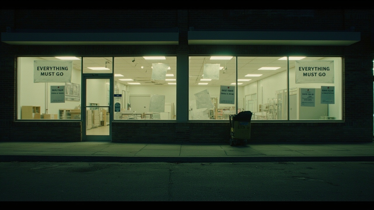 A mall storefront at night with 'everything must go' signs in windows, lights off inside, empty display fixtures visible through the glass.