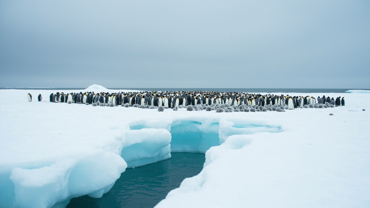 An emperor penguin colony on a patch of thin sea ice, chicks huddled together, a wide crack in the ice visible in the foreground, open ocean behind.