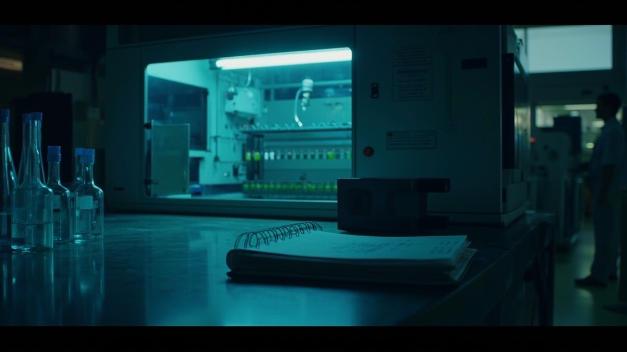 A quiet research laboratory at night with a sequencing machine running, blue-green light on pipettes, a closed binder labeled draft guidance