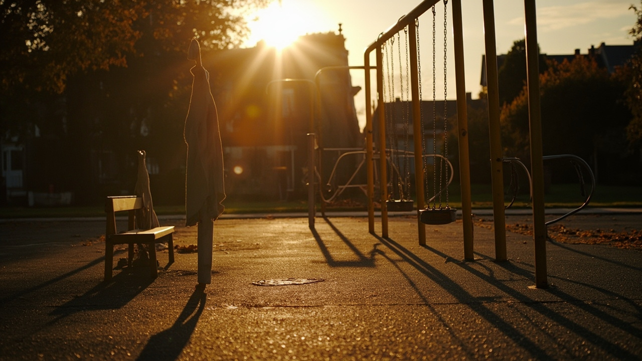 An empty municipal playground in the late afternoon with swings slowly swaying, a parent's umbrella leaning against a bench.