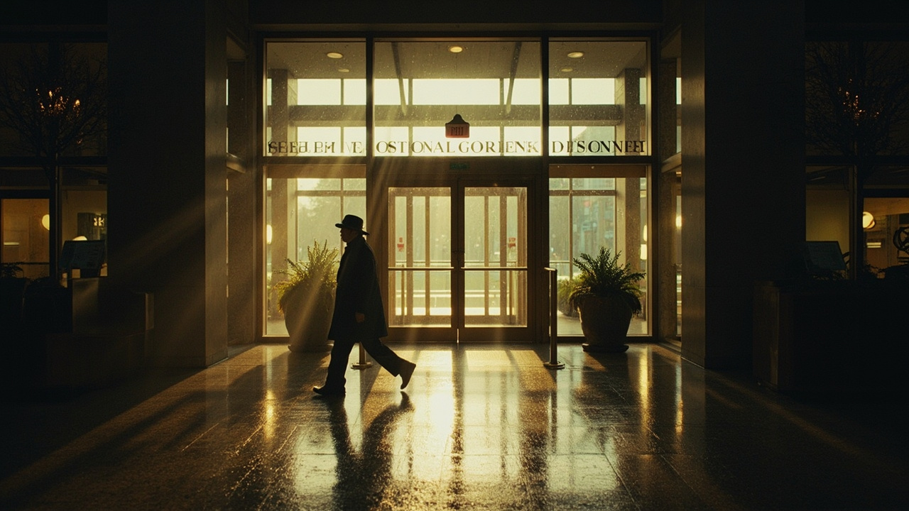 A midwestern regional bank headquarters at dawn with a light rain, the lobby glass catching the morning light, a single employee crossing the plaza.