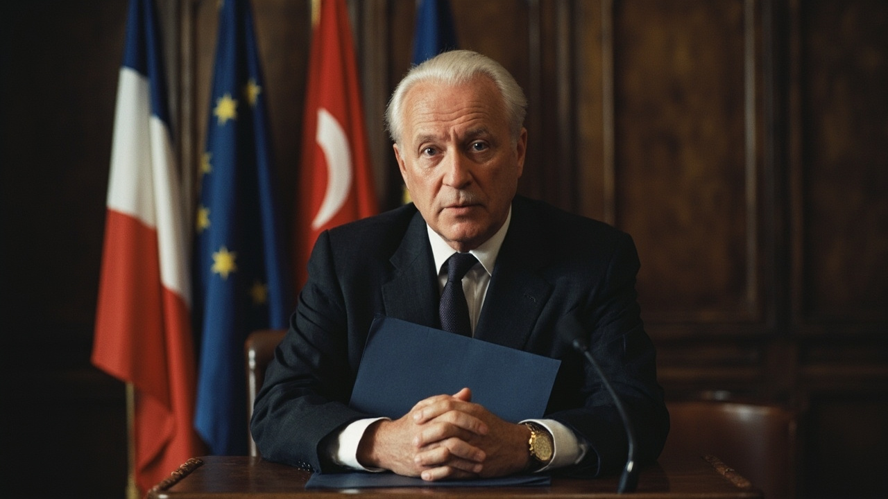 Chancellor Merz at a lectern at the Paris conference, European flags behind, hands folded on a dark blue folder
