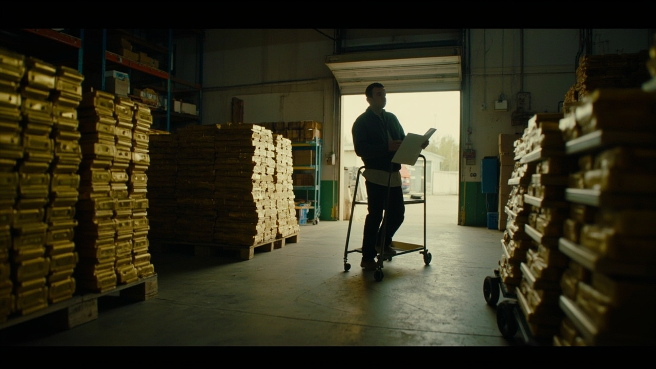 A Comex gold warehouse floor with stacked bars on pallets, a clipboard on a rolling cart, soft lighting through the loading doors