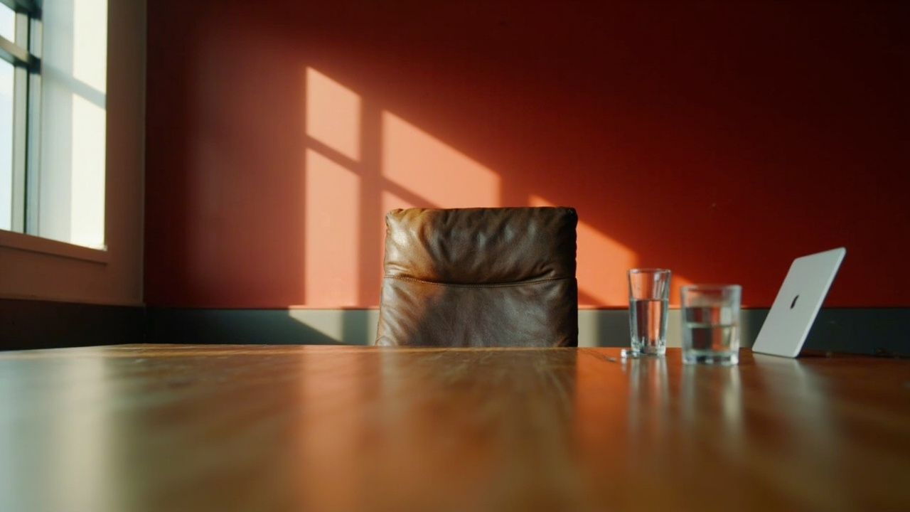 An empty boardroom with a Netflix-red wall and one chair at the head of the table slightly pulled out, a closed laptop on the table.