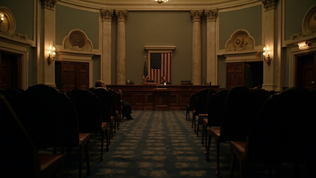 An empty House Judiciary Committee hearing room at late afternoon, rows of empty press seats, a single clerk at the desk, the American flag
