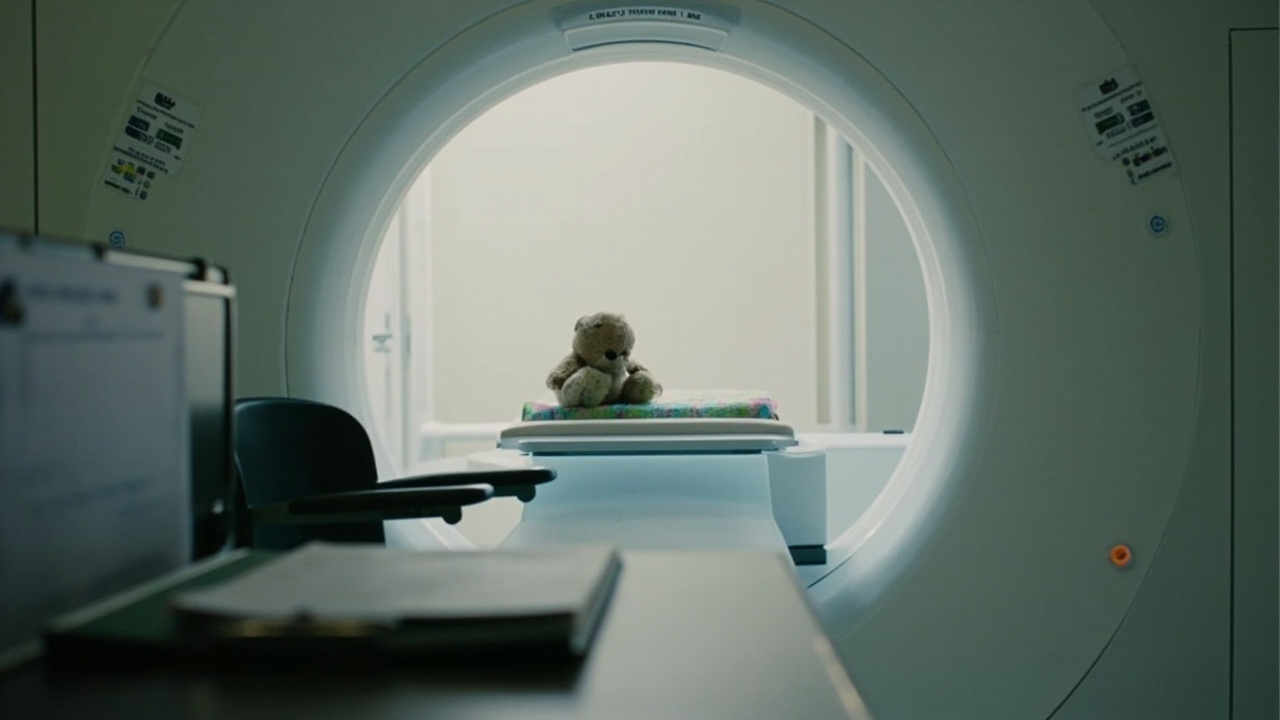 A dim pediatric MRI suite with the bore of the scanner visible, a small stuffed animal resting on the table, a radiographer's chair empty in the foreground.