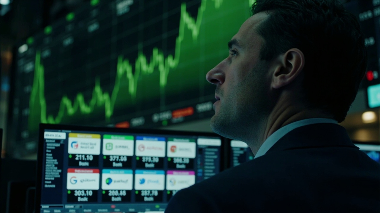 Trading floor monitors showing a green S&P chart reflected against a dimmer screen showing six bank logos and reserve numbers.