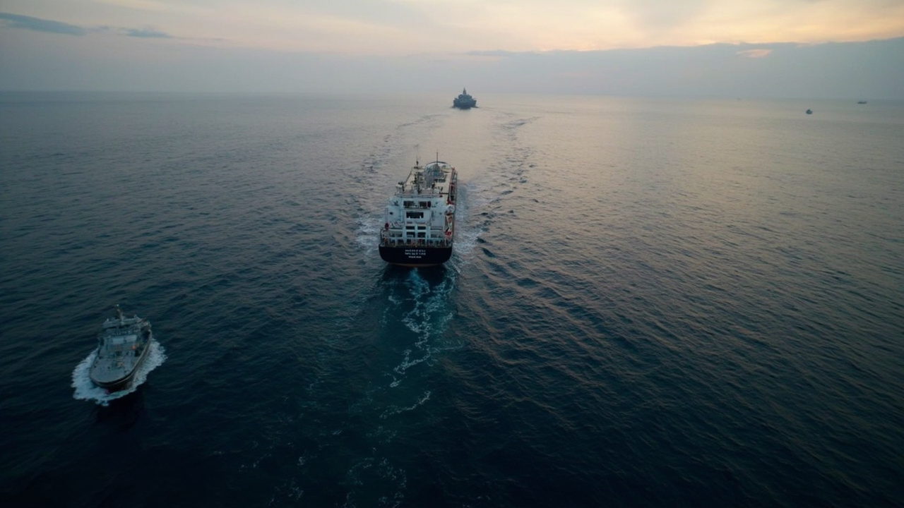 Aerial view of a commercial supertanker passing through a narrow strait while a smaller grey Iranian-flagged tanker sits at anchor, engines idle.