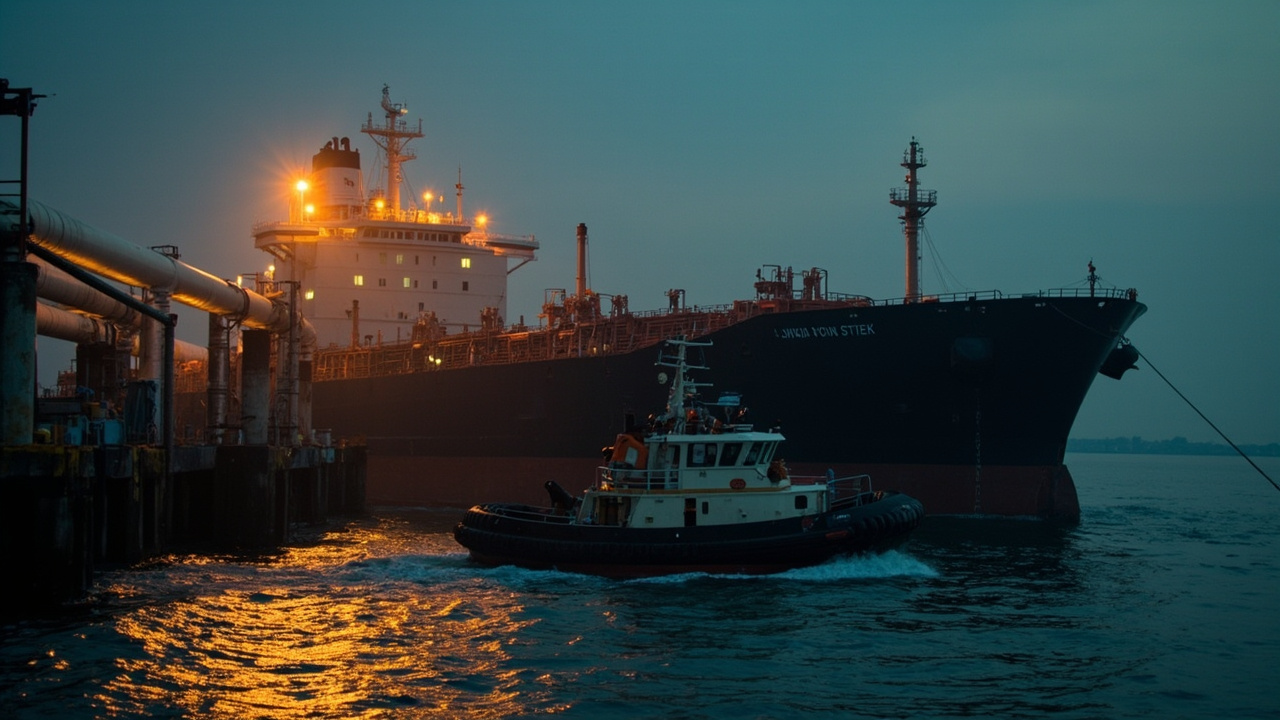 A crude oil tanker docked at Mumbai's Jawaharlal Nehru Port at dusk, pipelines glinting, a single tugboat in the foreground