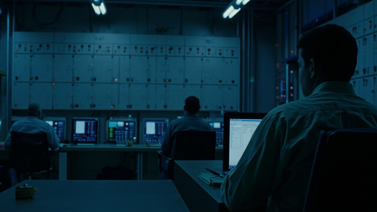 A power plant control room with Rockwell Allen-Bradley PLC cabinets on one wall and operators watching HMI screens
