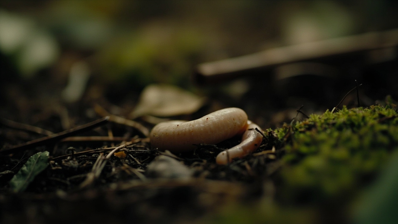 Forest floor close-up showing leaf litter, a pale earthworm, moss, and dark soil in diffuse morning light