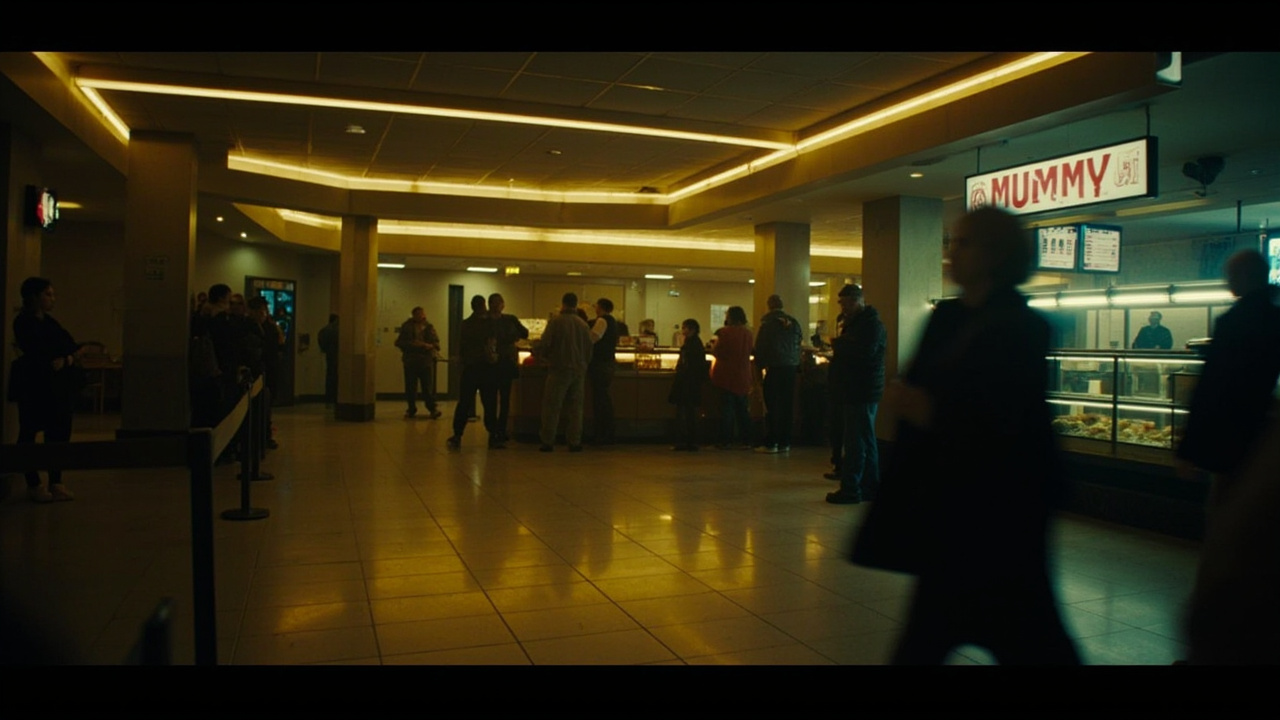 A multiplex lobby at evening with a Lee Cronin's Mummy standee visible, a small line at the snack bar