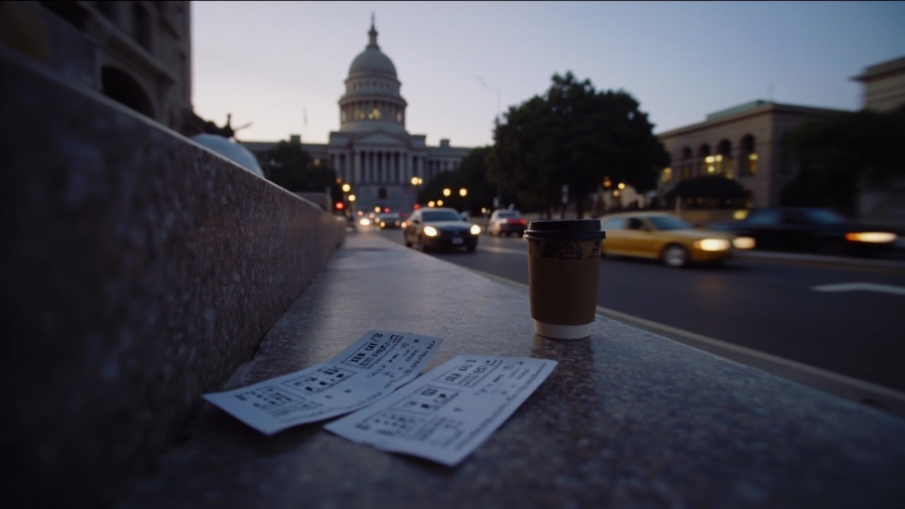 California capitol dome at dusk with concert ticket stubs scattered on a marble step