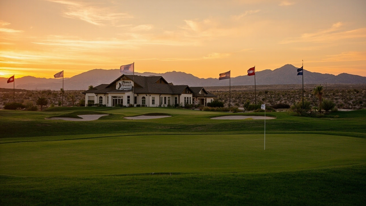 Shadow Creek clubhouse at sunset, women's tour event banners visible, empty practice putting green in foreground