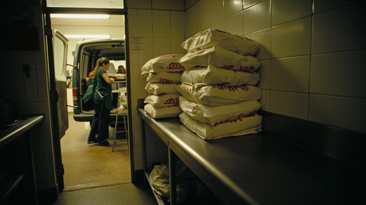 Meals on Wheels hot-food delivery bags loaded in a community center kitchen