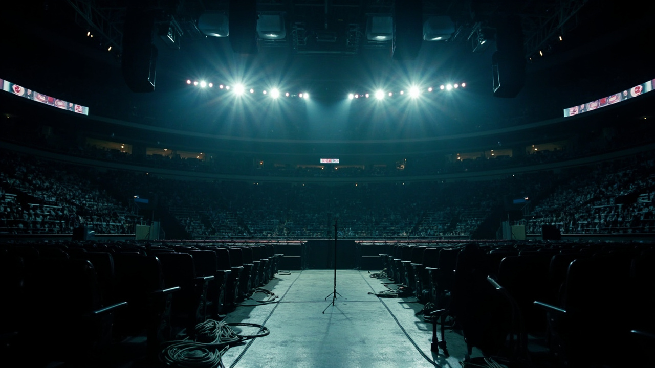 Empty mid-size arena seats under house lights with a bare stage at the far end