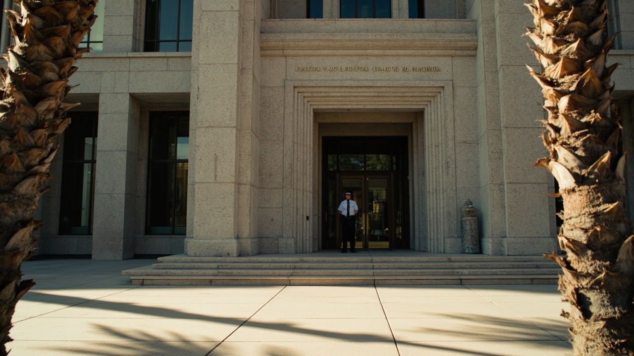 A federal courthouse façade in Phoenix with a lone security officer at the entrance, heat haze rising from the pavement.