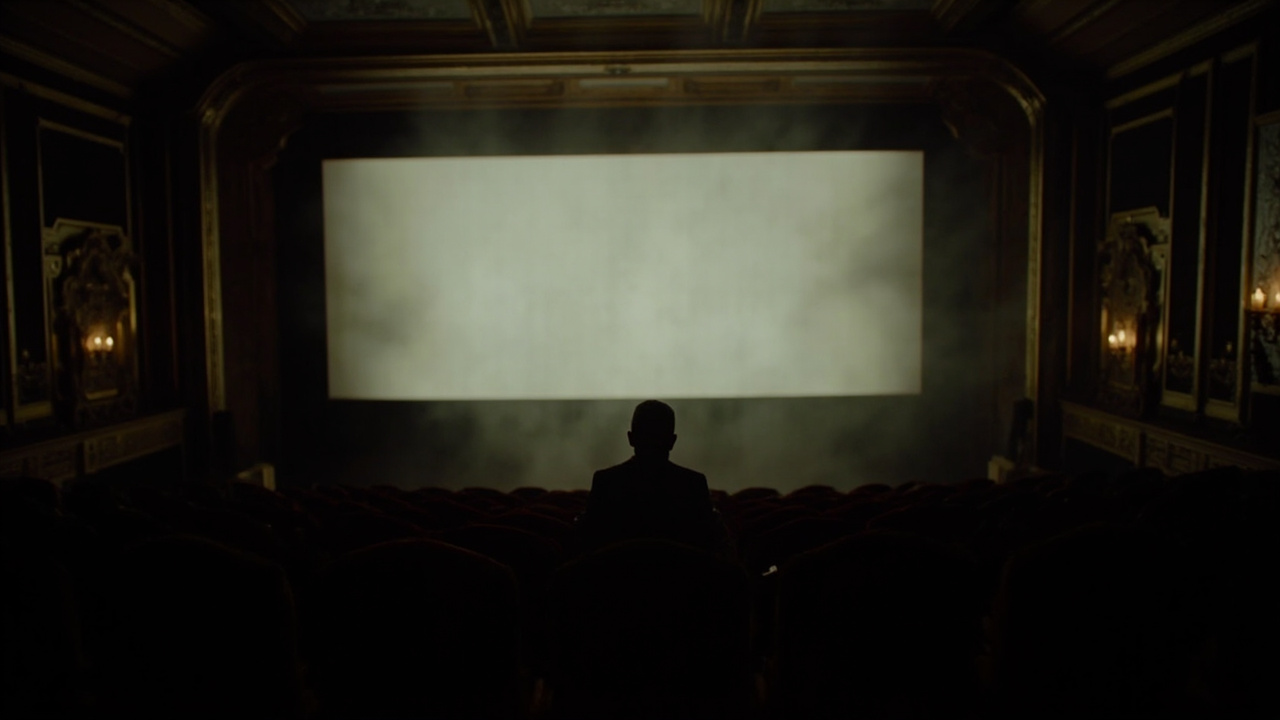 A dimly lit empty cathedral-style movie theater with velvet seats and ornate side columns, a single figure visible in silhouette at the back.
